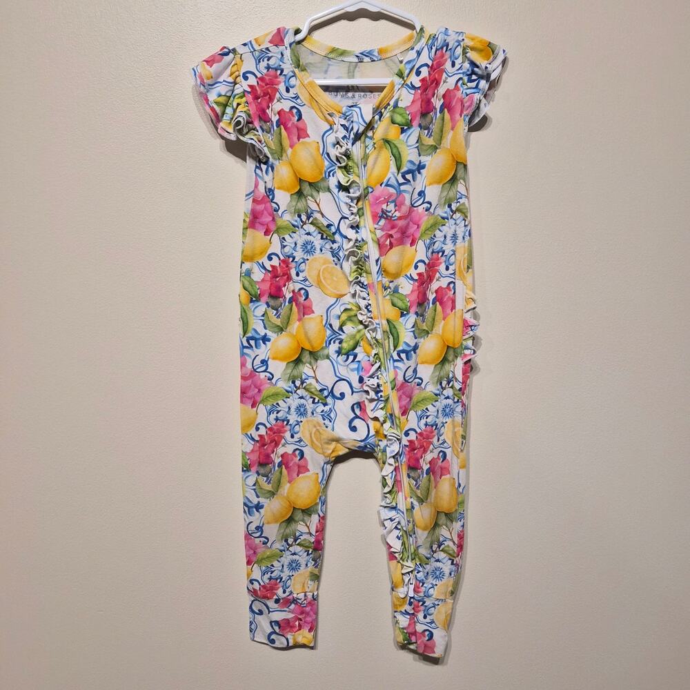 Bums & Roses 2T Lemon Floral Ruffle Short Sleeve Romper Bamboo